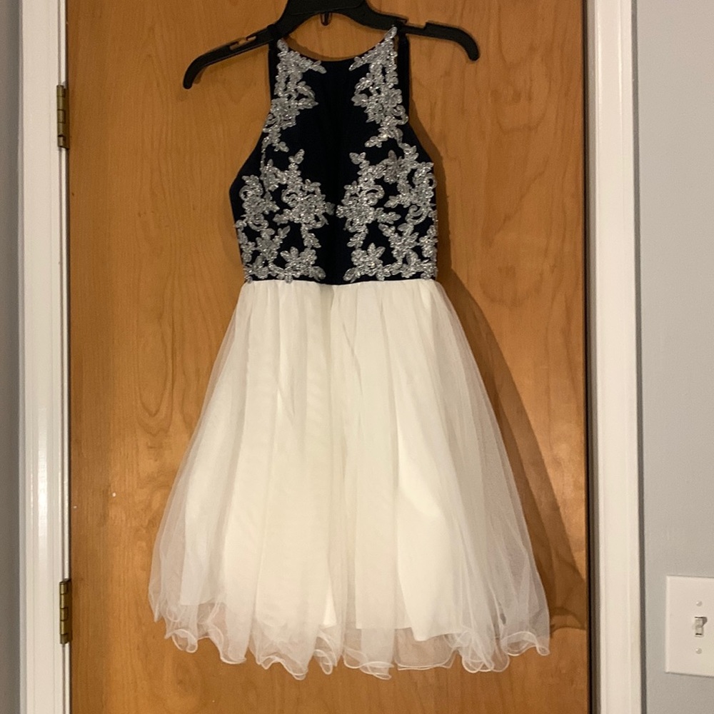 white and navy short homecoming or special occasion dress
